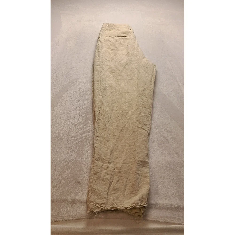 Inserch Men's 36x31 Linen Pleated Trousers Pants Beige Tan Frayed Hem‎ Neutral